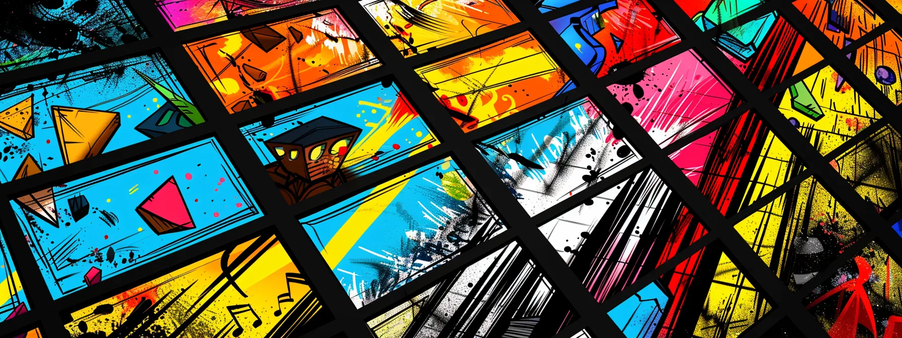 vivid panels of colorful comic book-style storyboard layouts with dynamic angles and motion lines, incorporating music notes and cinematic techniques.